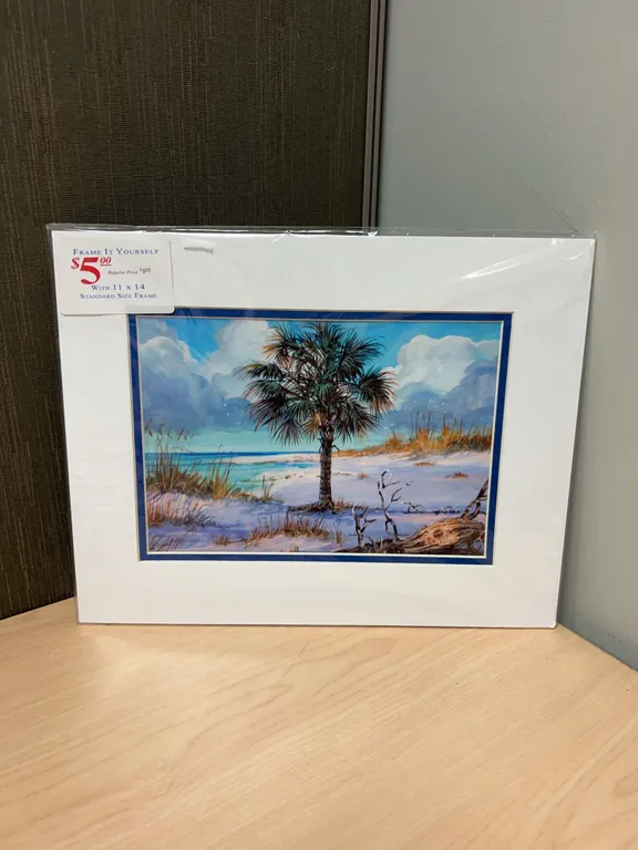 11x14 Print of South Carolina Beach Scene Featuring Palmetto Tree With Charleston Scrip Detail, Unfr