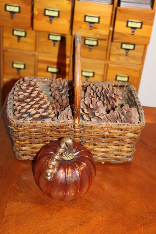 Art Glass Pumpkin, Basket & Pinecones