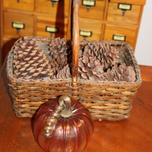 Art Glass Pumpkin, Basket & Pinecones