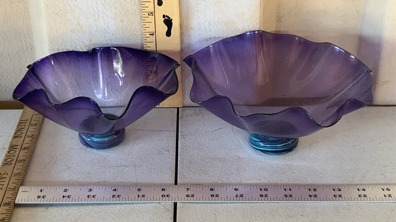 2 Hand Blown Purple Glass Bowls, Biggest 8.5"X8"X4"