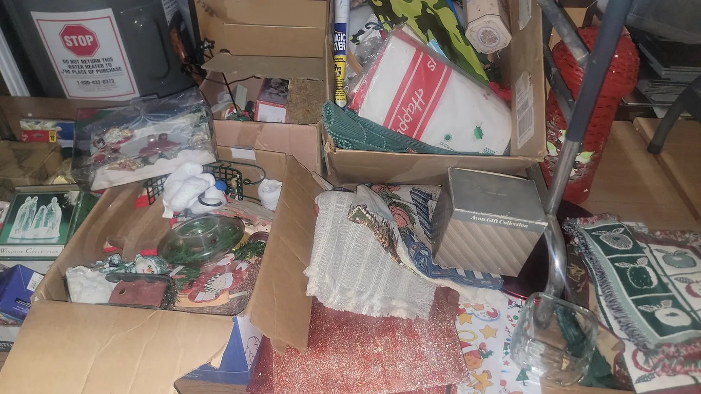 Christmas Decor-Placemats, Avon Ceramic Basket, Stickers, Snowman Card Holder, Nativity, Etc.