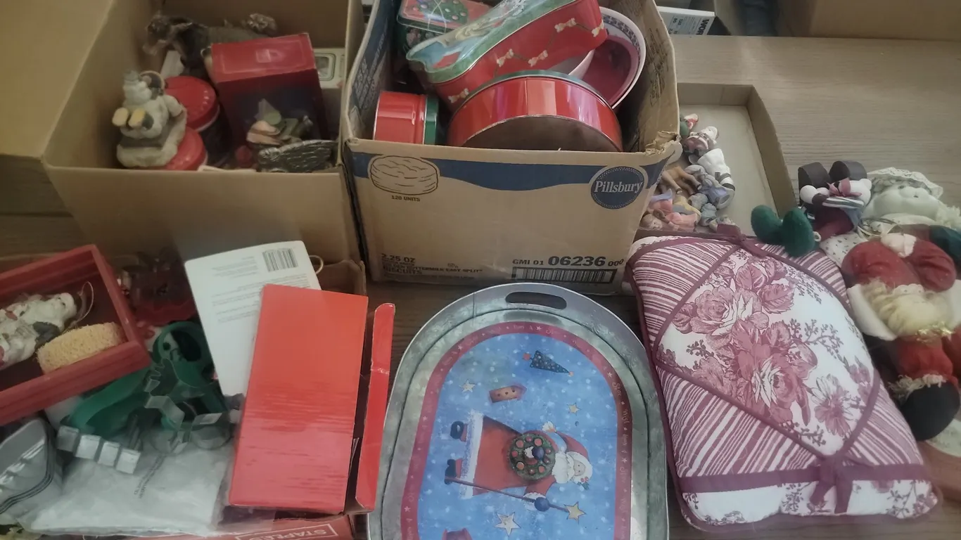 Christmas Decor-Tins, Metal Tray, Small Pillow, Figures, Small Hand Painted Ceramics, Etc.