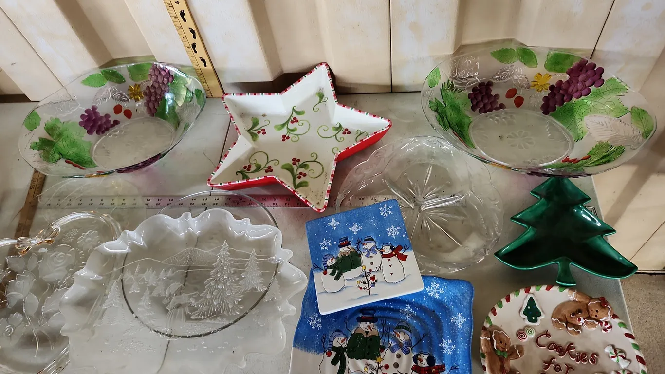 Assorted Holiday Platters, Glass, Plastic, & 2 Metal
