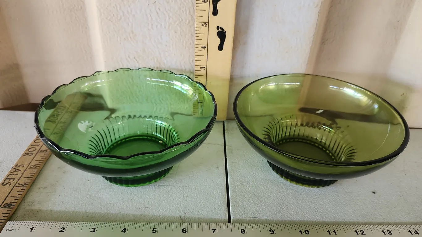 2 Green Glass Pedestal Bowls-1 Marked E.O. Brody Co.