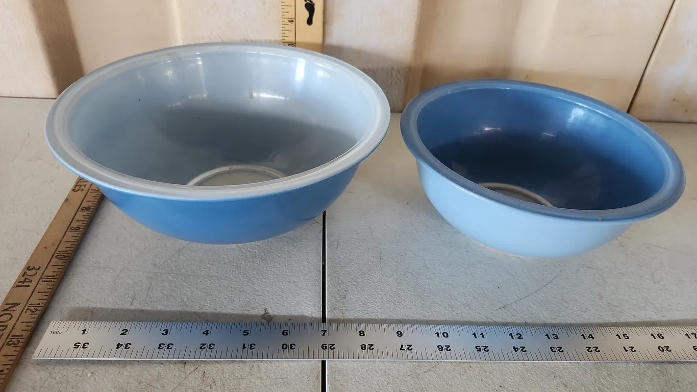 2 Vintage Pyrex Clear Glass Blue Mixing Bowls Biggest 9.75"X3.75"