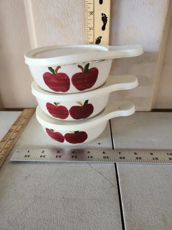 3 Pottery Apple Soup Bowls W/Plastic Lids
