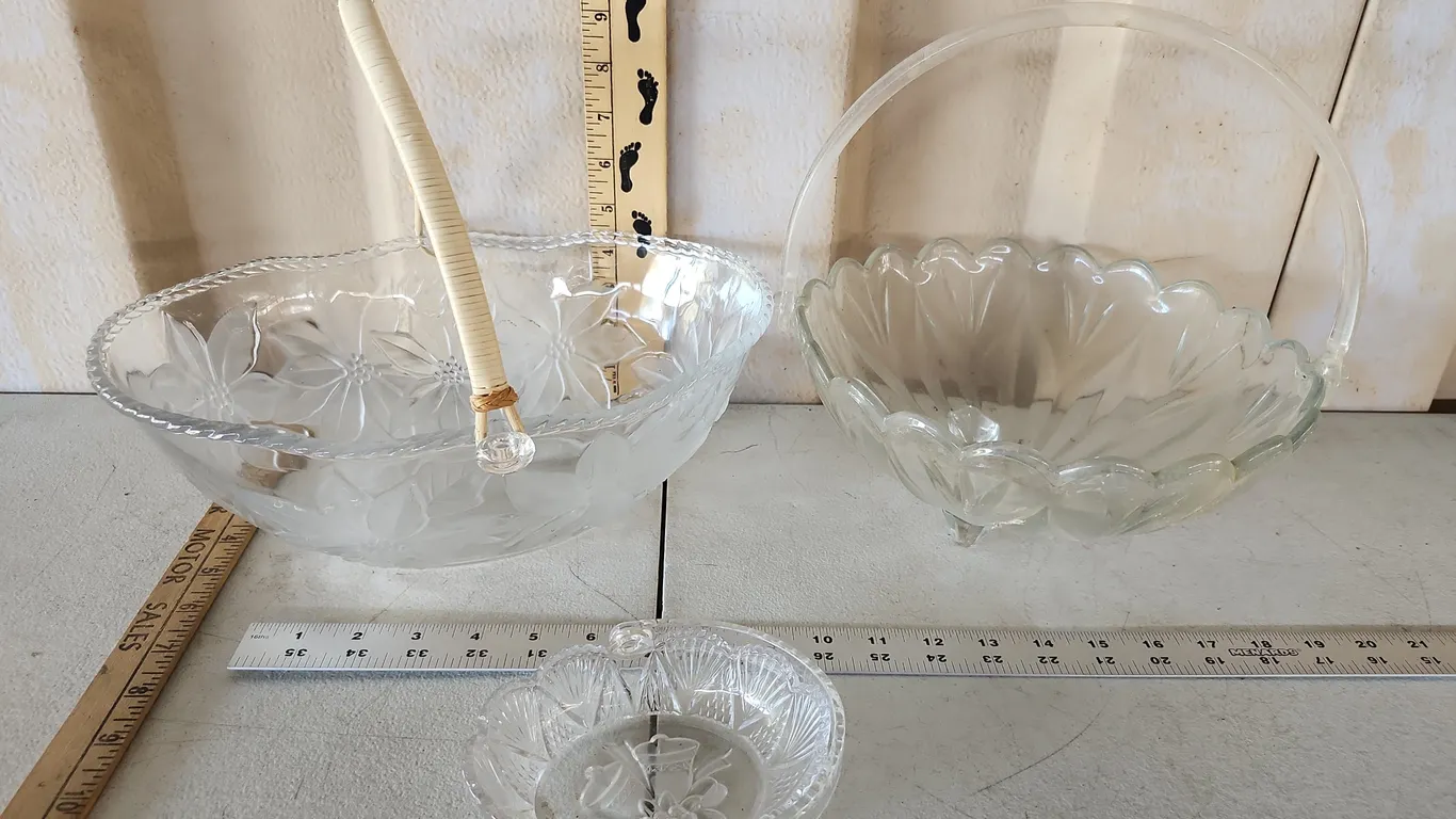 3 Clear Glass Baskets-2 Have Plastic Handles & 1 Has Woven Handle