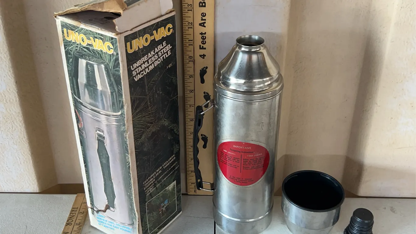 Vintage Uno-Vac Unbreakable Stainless Steel Vacuum Bottle In Box