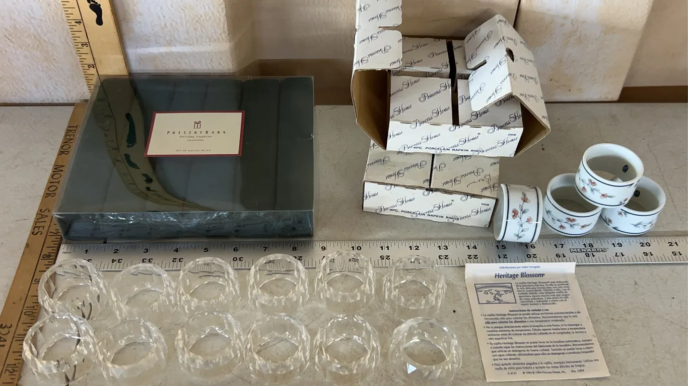 Pottery Barn Holiday Napkins, 12 Plastic Napkin Rings, & 8 Porcelain Napkin Rings Princess House