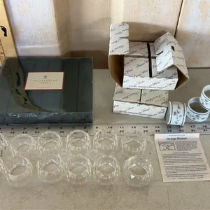 Pottery Barn Holiday Napkins, 12 Plastic Napkin Rings, & 8 Porcelain Napkin Rings Princess House