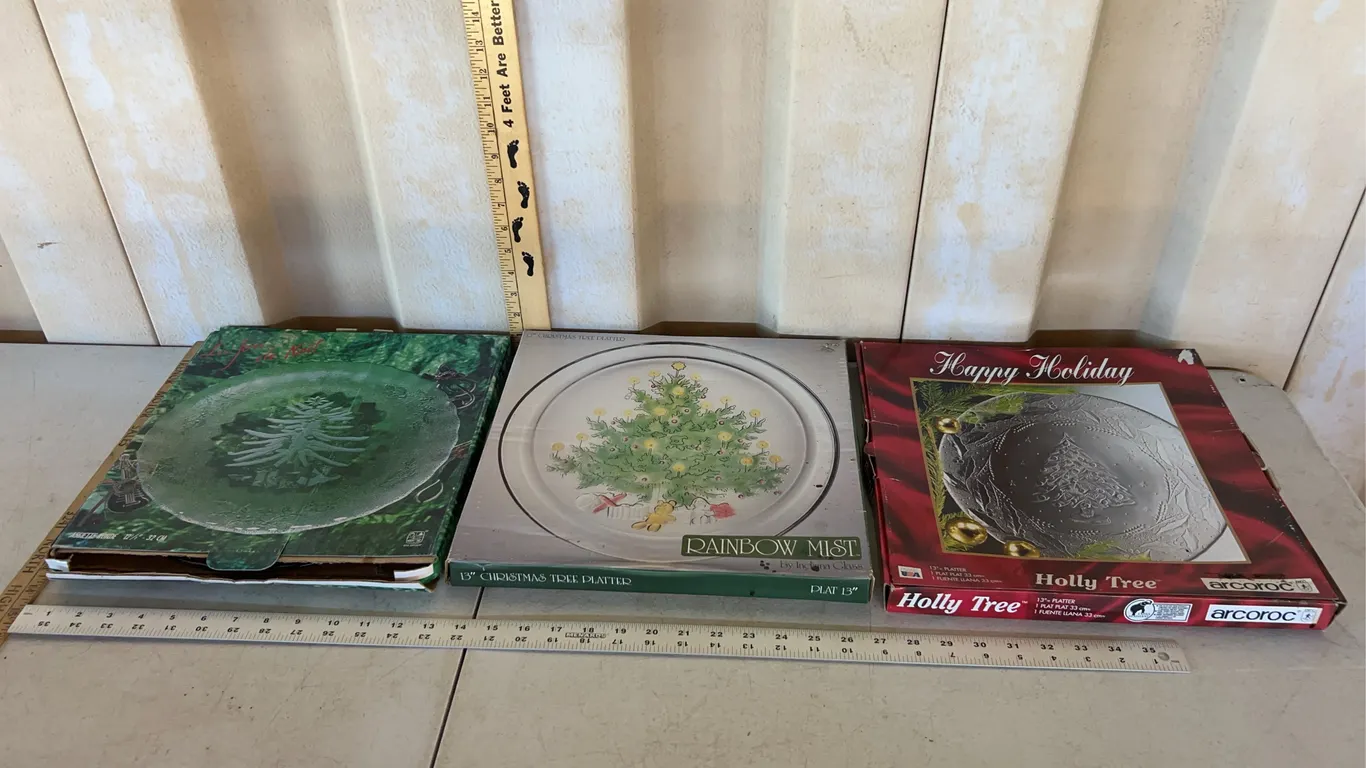 3 Vintage Christmas Tree Glass Platters In Box 13" & 12.5"