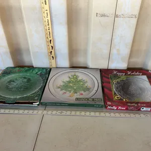 3 Vintage Christmas Tree Glass Platters In Box 13" & 12.5"