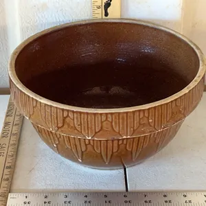 Vintage U.S.A. Brown Glaze Crock Mixing Bowl Picket Fence Pattern 10.25"X5.25"