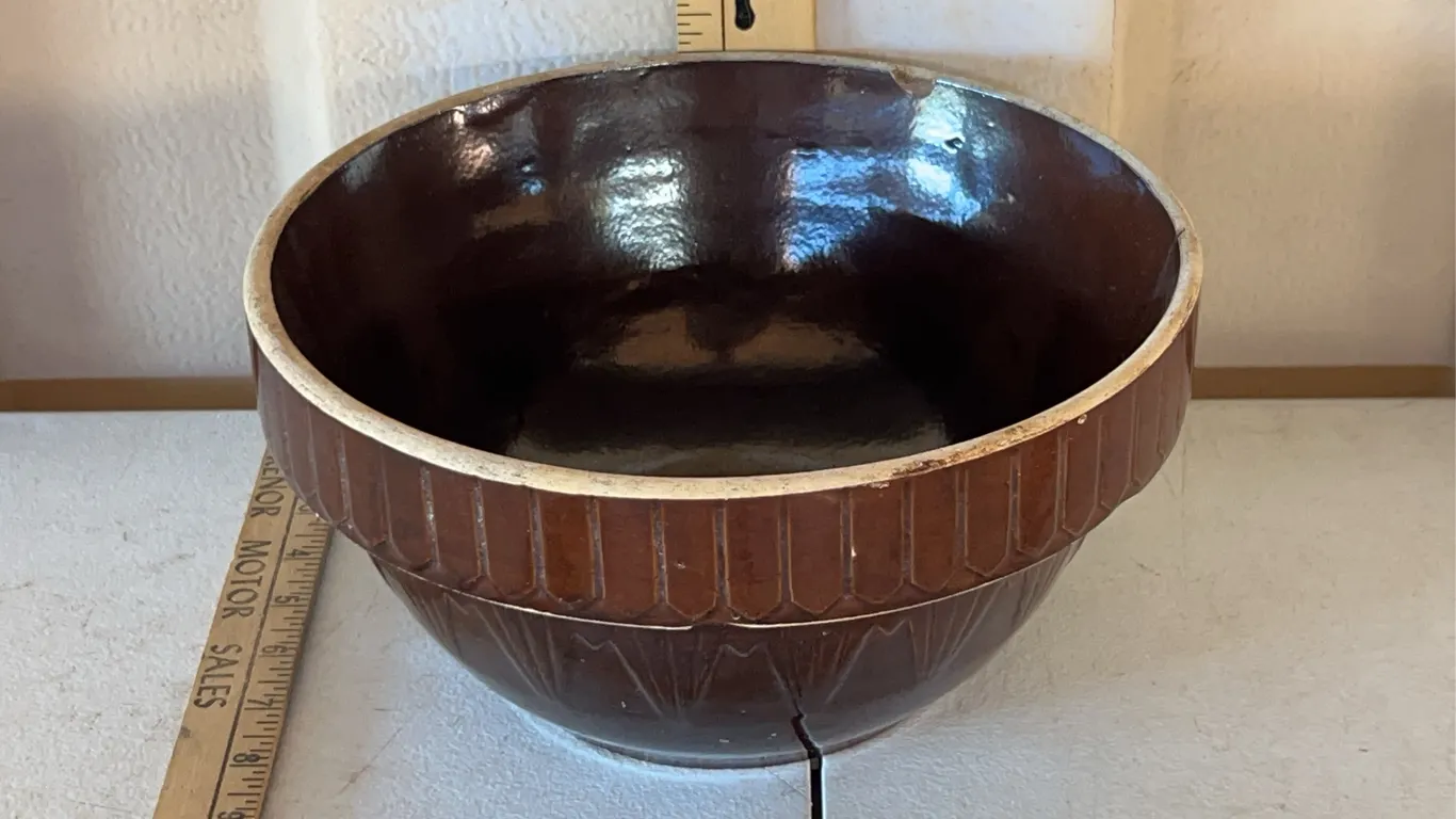 Vintage U.S.A. Brown Glaze Crock Mixing Bowl Picket Fence Pattern 10.25"X5.25", Some Chips/Hairline