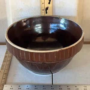 Vintage U.S.A. Brown Glaze Crock Mixing Bowl Picket Fence Pattern 10.25"X5.25", Some Chips/Hairline