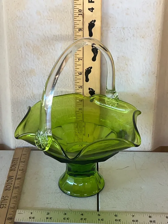 Vintage Pressed/Hand Crafted Green Glass Basket 7.5"X8.25"X9.5" Believe To Be Viking Or Georgian Gla