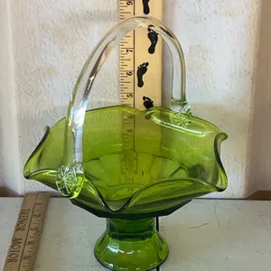 Vintage Pressed/Hand Crafted Green Glass Basket 7.5"X8.25"X9.5" Believe To Be Viking Or Georgian Gla