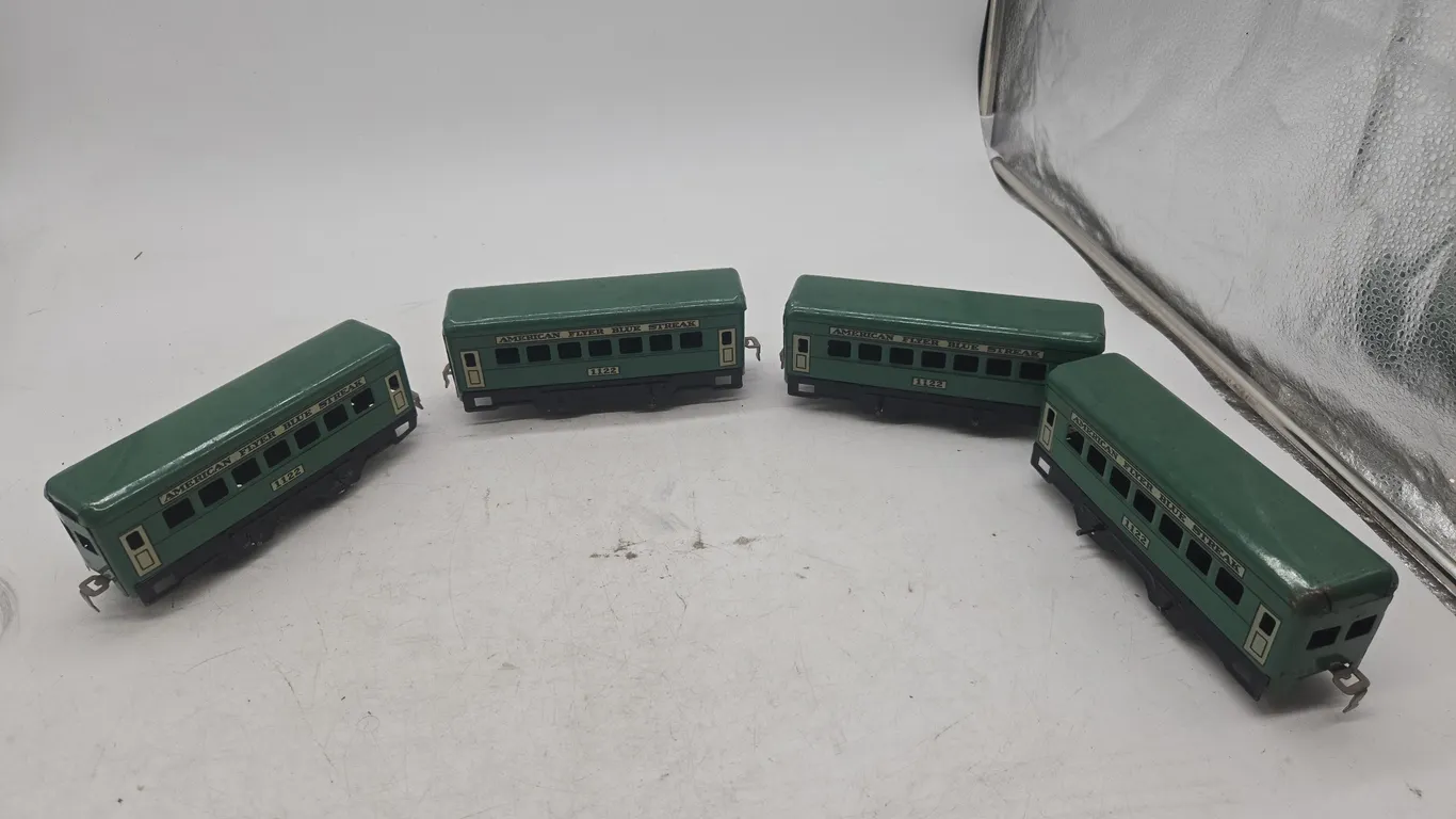 Vintage 1936 American flyer number 1122 Blue streak passenger cars set of four