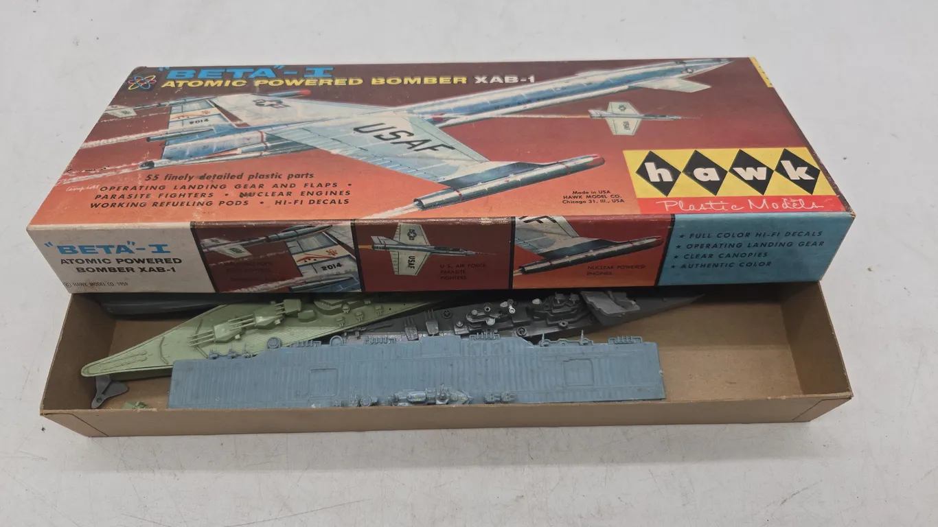 Vintage atomic powered bomber model kit in original box