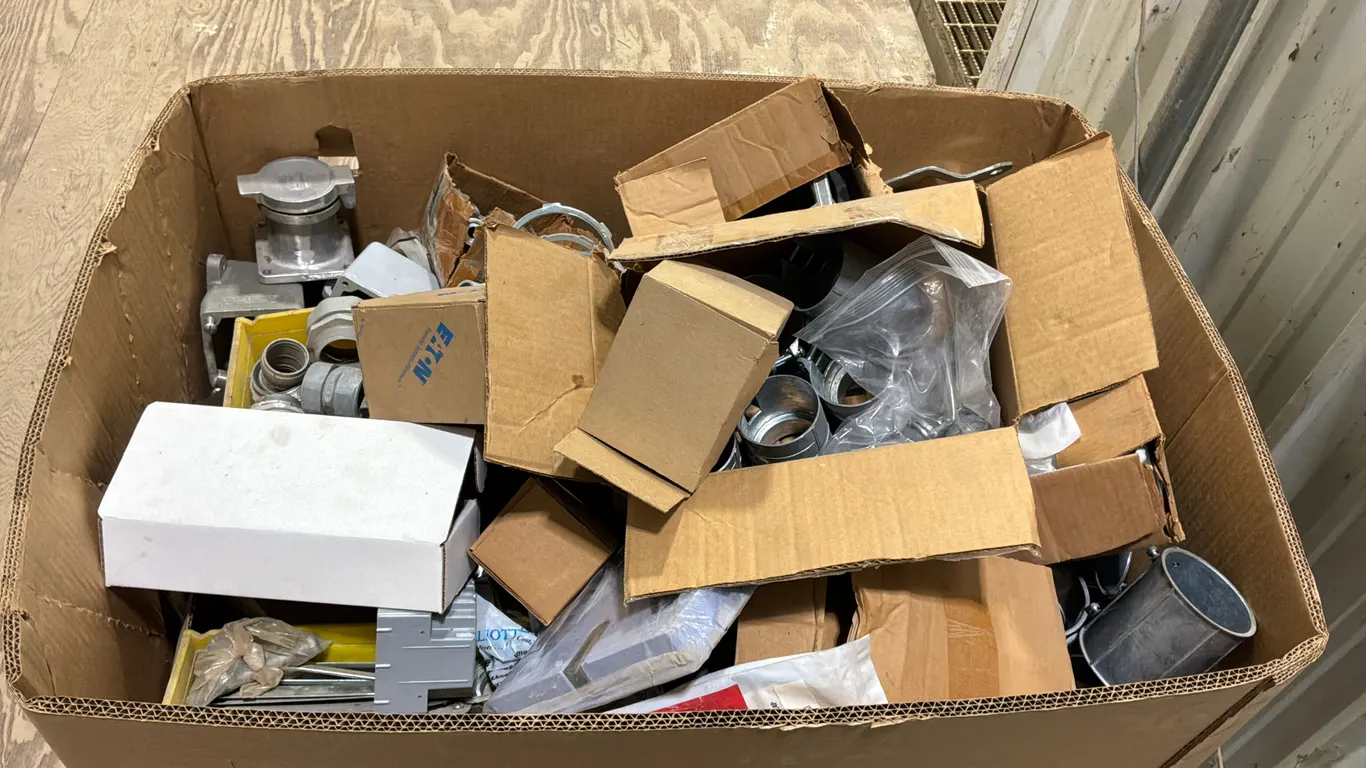 TOTE OF ELECTRICAL CONDUIT FITTINGS, PLUG HOUSINGS, MISC.