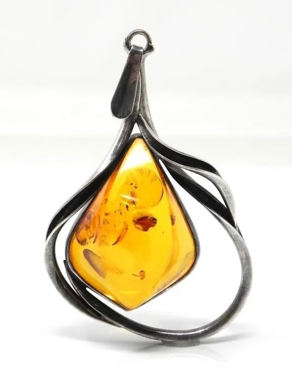 925 SILVER & AMBER ART NOUVEAU STYLE PENDANT 20g