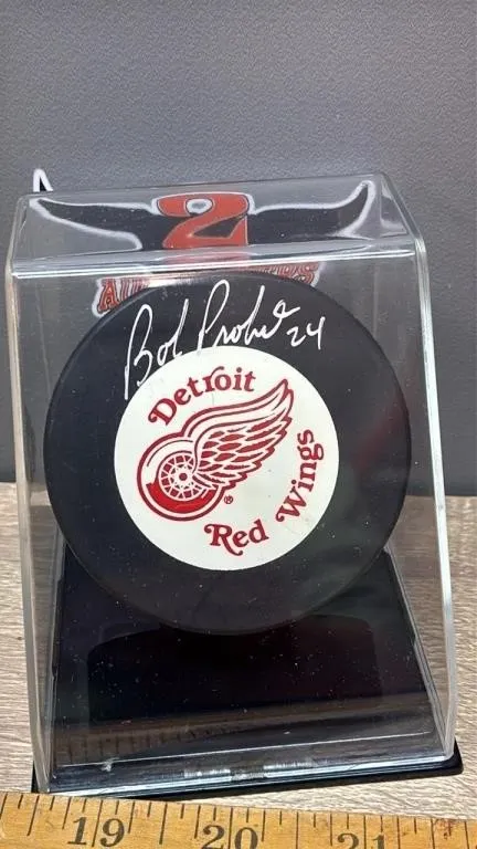 Detroit Red Wings Puck w/Bob Probert Signature.