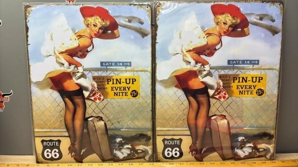 2 Decorative Tin Signs - Pinup. 12�x16�.