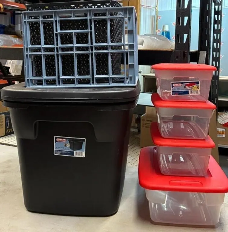 2 Large Black Totes, 2 Crates, & 4 Small Clear