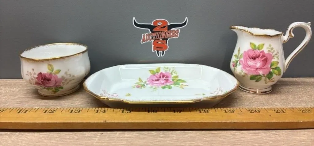 Royal Albert American Beauty Cream, Sugar & Tray.