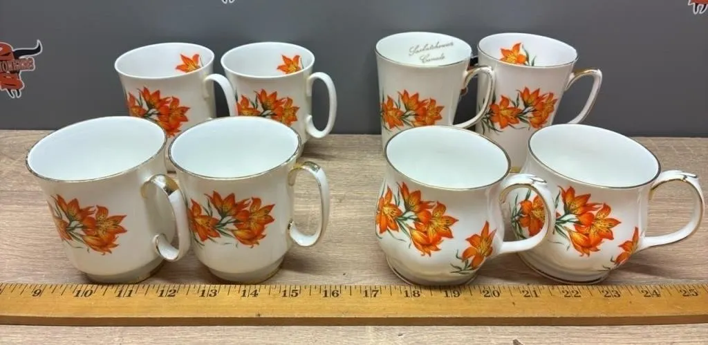 8 Royal Windsor Prairie Lily China Mugs.