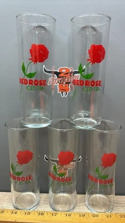 5 Vintage Red Rose Iced Tea Glasses.