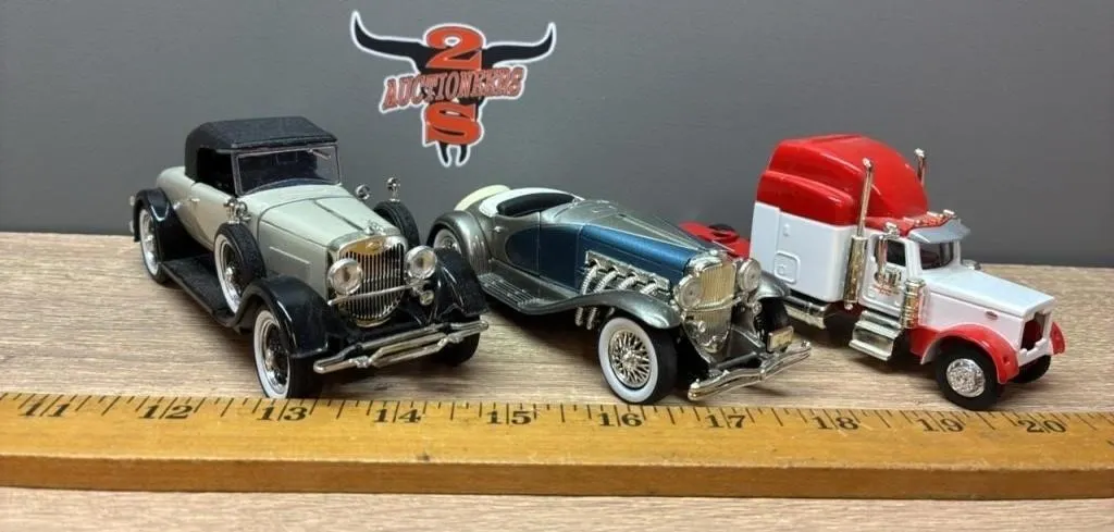 2 Vintage Toy Cars & Semi Tractor w/Front End