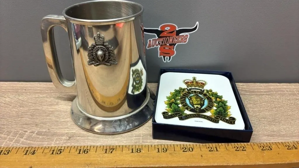 RCMP Glass Bottom Stein & Coasters.