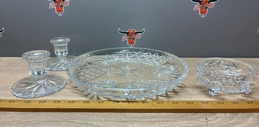 Crystal Candle Sticks, Platter & Small Footed