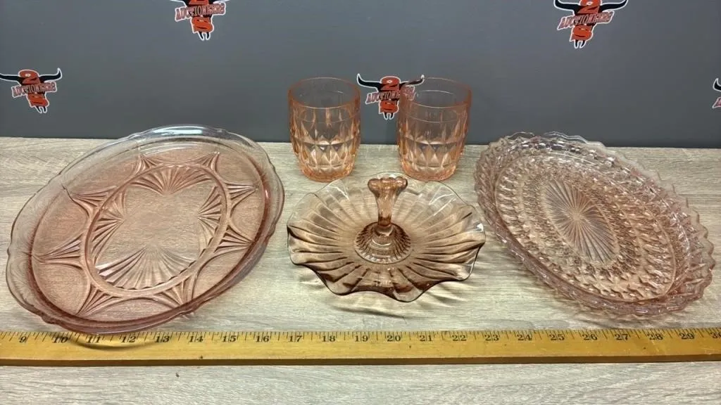 5 Pieces Pink Glass Dishware. Some Chipping