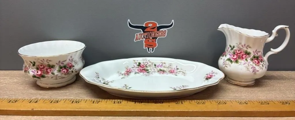 Royal Albert Lavender Rose Cream, Sugar & Tray.