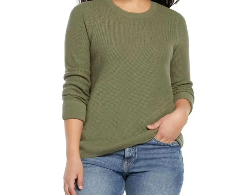 Womens Olive Green Textured Crewneck Sweater Small