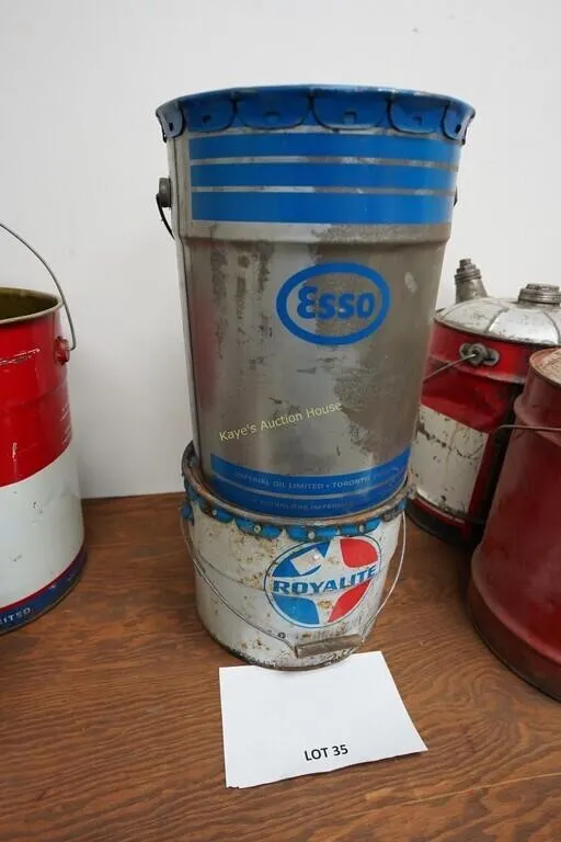 Esso oil pail and Royallite grease pail