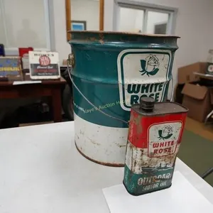 White Rose pail and White rose motor oil can