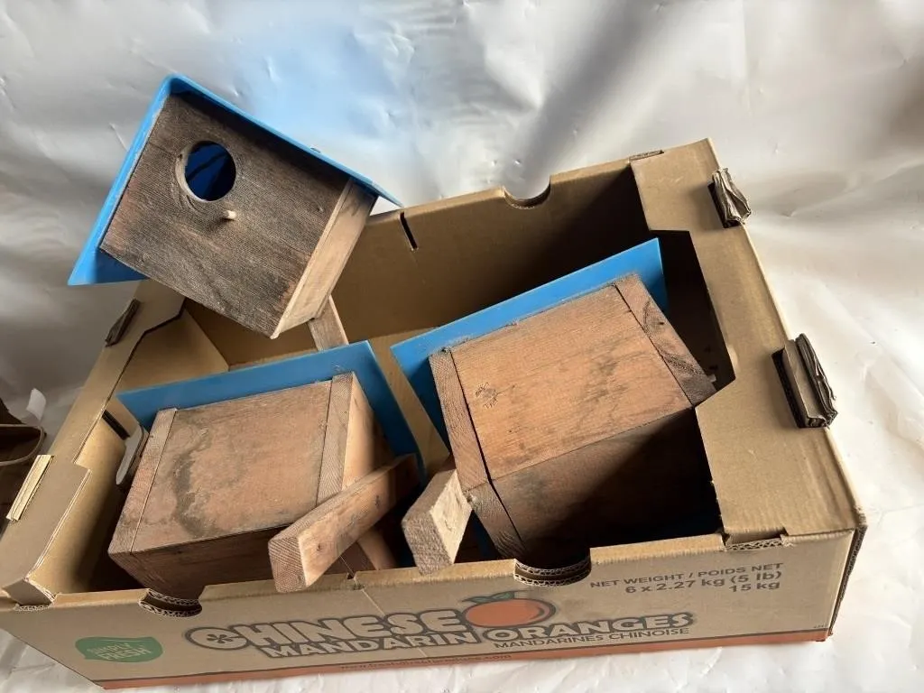 Wooden Birdhouses with Blue Metal Roofs (Set of 3)