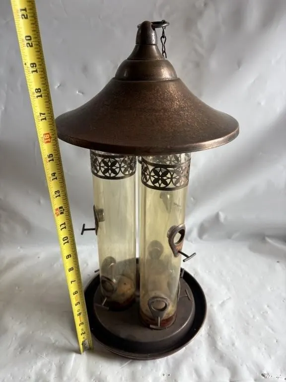Double-Tube Copper-Tone Metal & Glass Bird Feeder