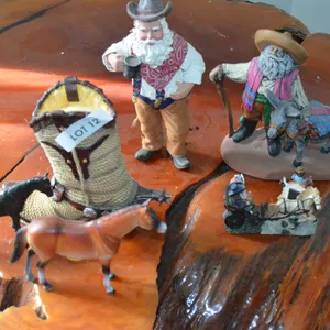 Assortment of Decorative Ornaments, cowboy boot, horses, bearded man with donkey