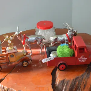 Toy Truck, Hickory Farm Truck, 2 Silver Deer Ornaments, Glass Teddy Bear Jar