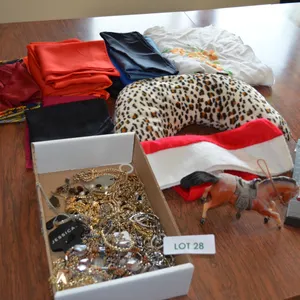 Costume Jewelry, Small Toy House, Scarves, Doilies