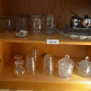 Collection of Glasses, 2 Brandi Glasses, Glass Cream and Sugar, Silver Cream and Sugar, Serving Tray