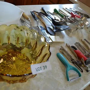 Large Assortment of Serving Utensils, Decorative Bowls, Can Openers, Walnut Cracker, Glass Cutting Board
