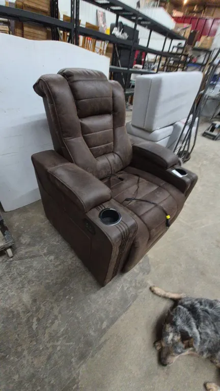 Brown Leather / Leather-Style Power Recliner with Cupholders and Remote