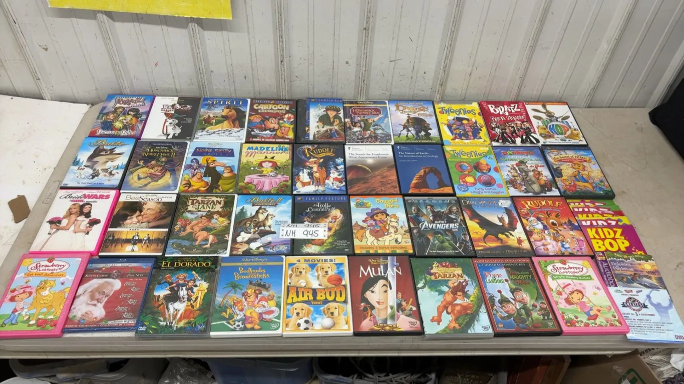 Large Collection of kids/family Movies, 5 Kidz Bop CD’s, NHL Greatest Collection Cd, and Dolphins