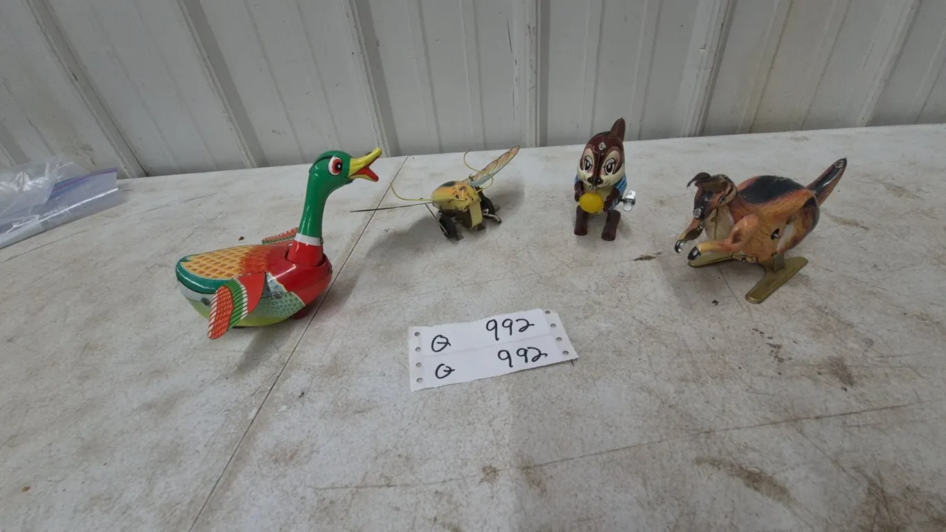 4 Vintage Wind-Up Toys: Duck, Grasshopper, Squirrel, and Dog