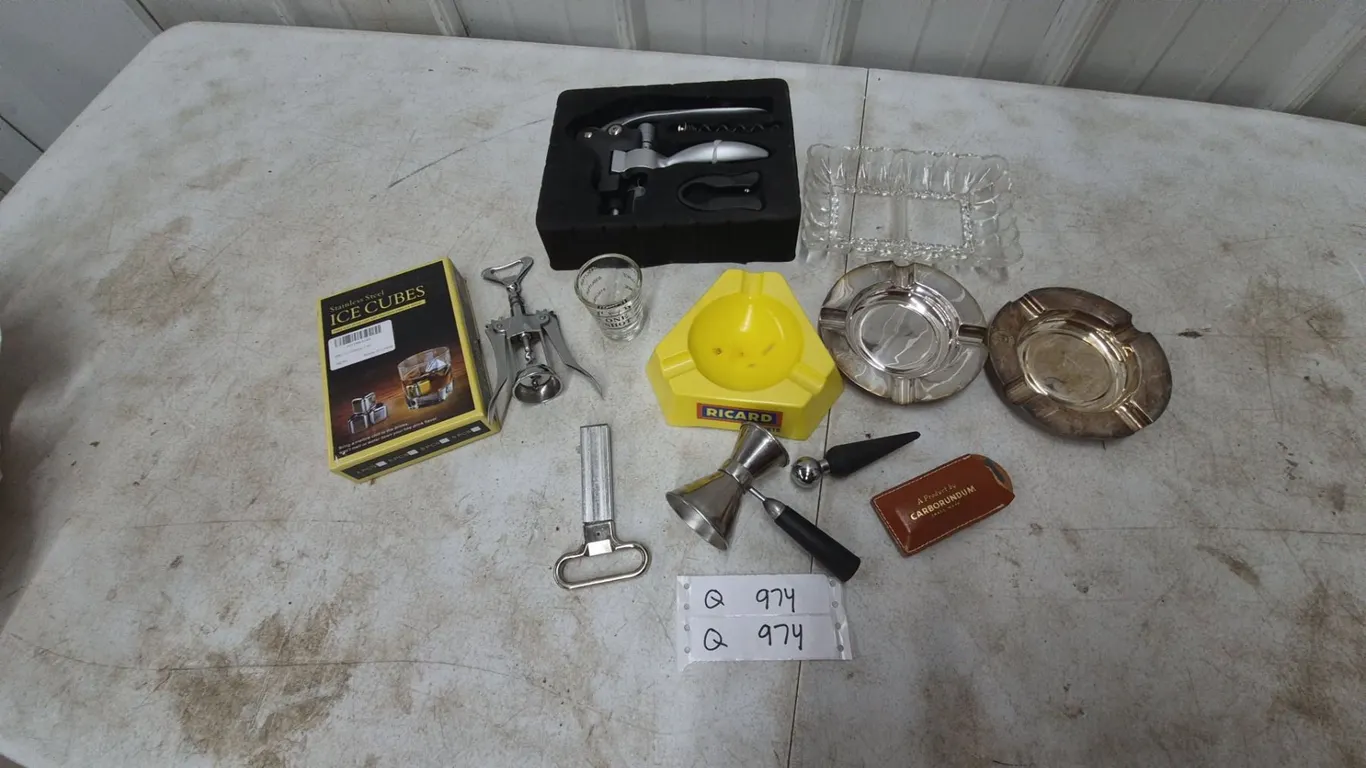 Barware Lot: Ricard Ashtray, Stainless Steel Ice Cubes, Corkscrews, Jigger